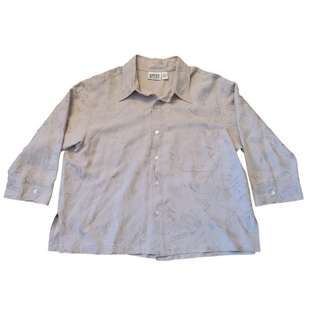 Chicos Design 3 Beige Embroidered Button Up Silk Blouse‎ XL 16 Earthy Granola